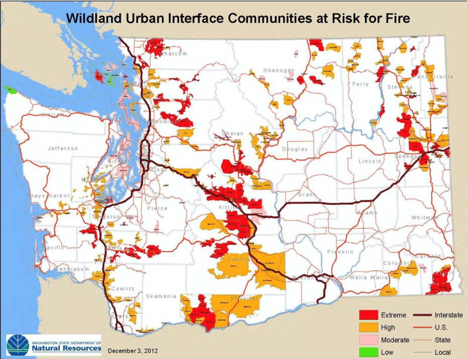 Urban areas with adjacent areas of wildfire fuel in Washington State as of 2012. Source: Washington State Hazard Mitigation Plan, map from the Washington State Department of Natural Resources.