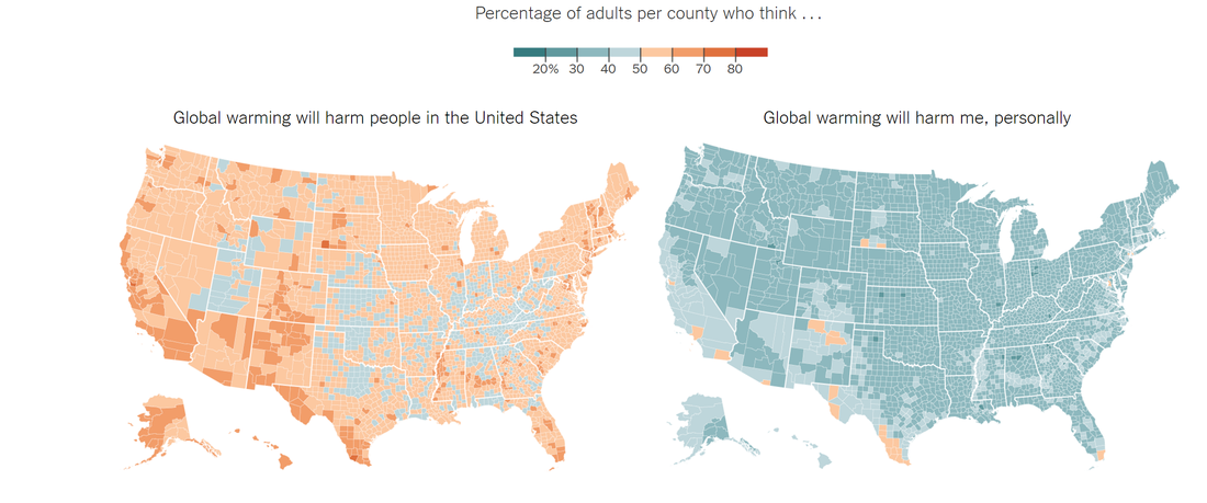 Two maps comparing American beliefs about global warming
