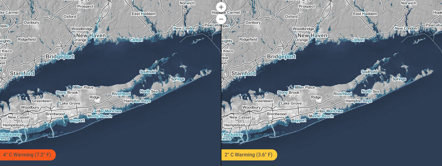 Changes to the Suffolk County coastline under two different emissions scenarios. Source: Climate Central Surging Seas: Mapping Choices.
