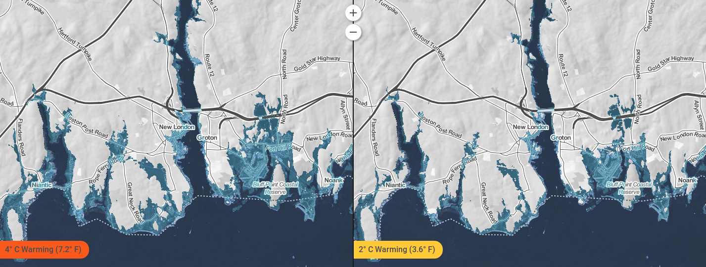 Changes to the New London County coastline under two different emissions scenarios. Source: Climate Central Surging Seas: Mapping Choices.