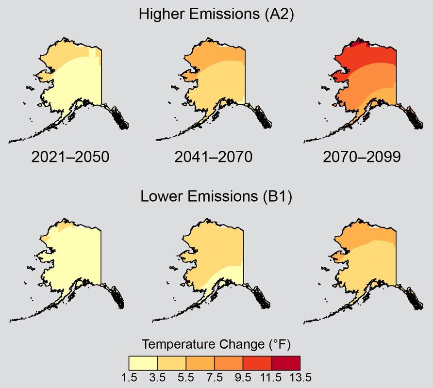 Average annual temperatures will increase across Alaska under all emissions scenarios. Warming will be especially rapid in Northern Alaska, including North Slope Borough. Source :U.S. Global Change Research Program.