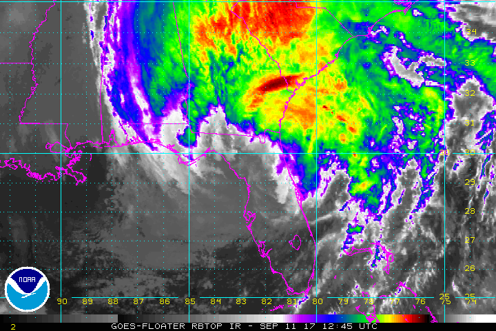 Tropical storm Irma hits Charleston in 2017. Source: NOAA Geostationary Satellite Server.