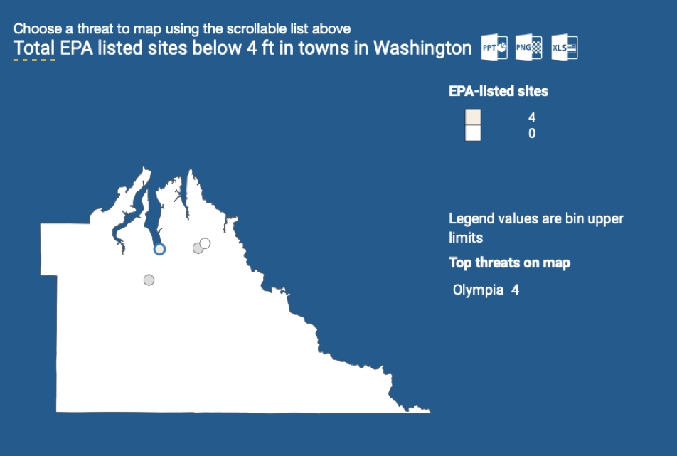 Areas susceptible to flooding and contamination risk from various threats including EPA sites, RADINFO sites, hazardous waste sites, sewage plants. Source: EPA.