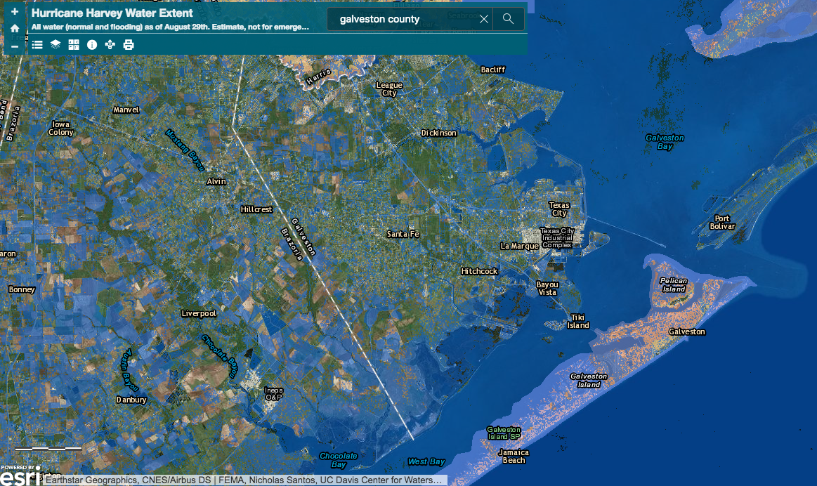 Flooding in Galveston during Hurricane Harvey. Source: UC Davis Center for Watershed Sciences Hurricane Harvey Water Extent Geographic.