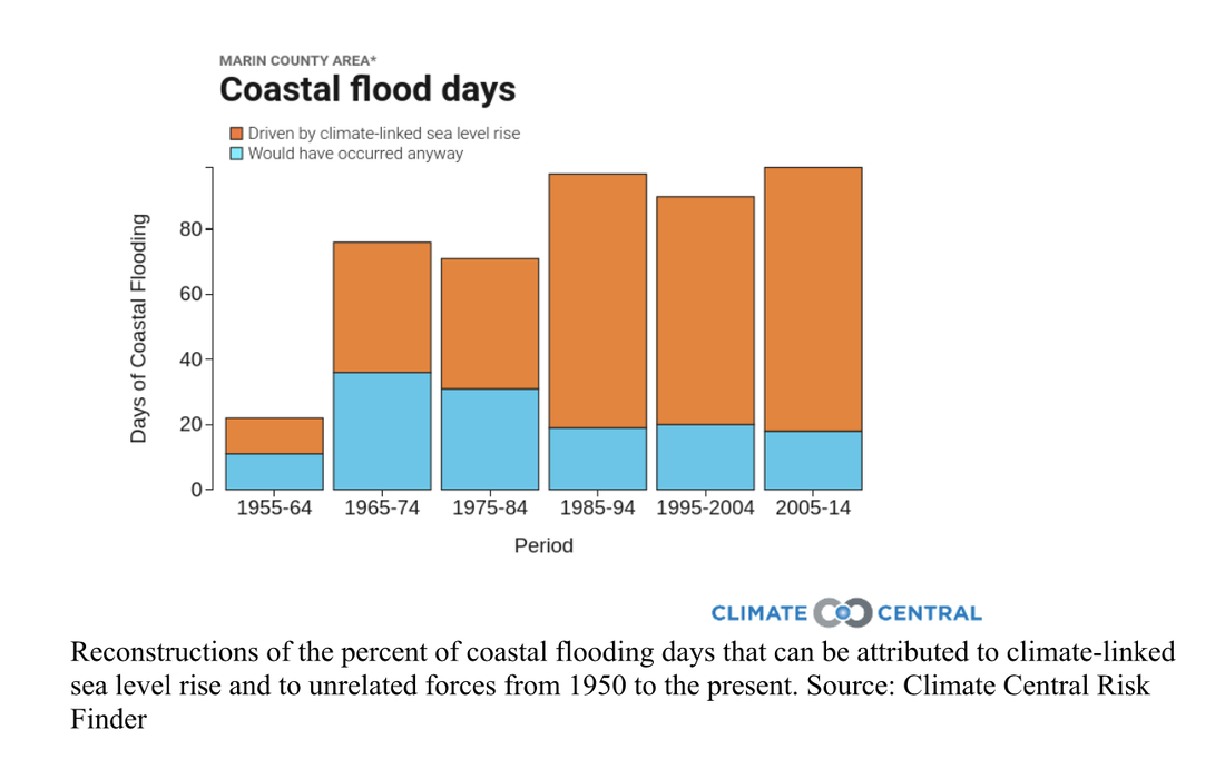 Reconstructions of the percentage of coastal flooding days that can be attributed to climate-linked sea level rise and to unrelated forces from 1950 to the present. Source: Climate Central Risk Finder.