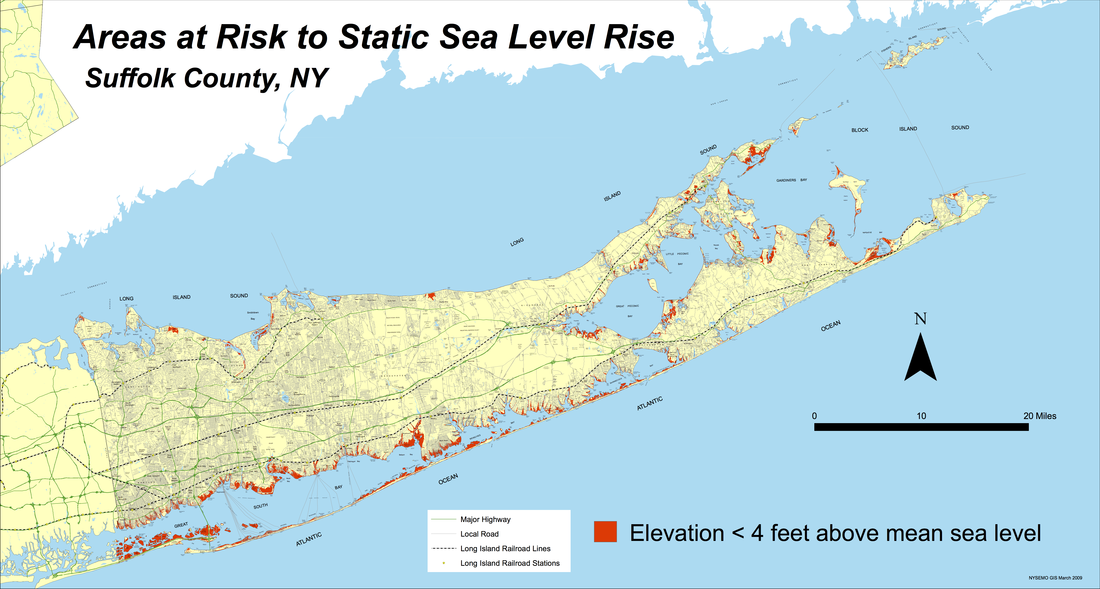 Areas in red are less than four feet above sea level, and are already highly vulnerable to flooding in major storms. Source: Department of Environmental Conservation, New York State.