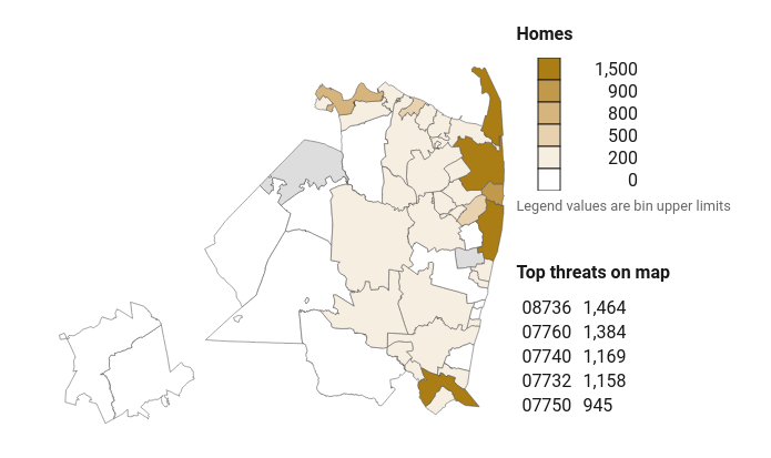 Homes less than five feet below sea level in Monmouth County, organized by zip code. Source: Climate Central.